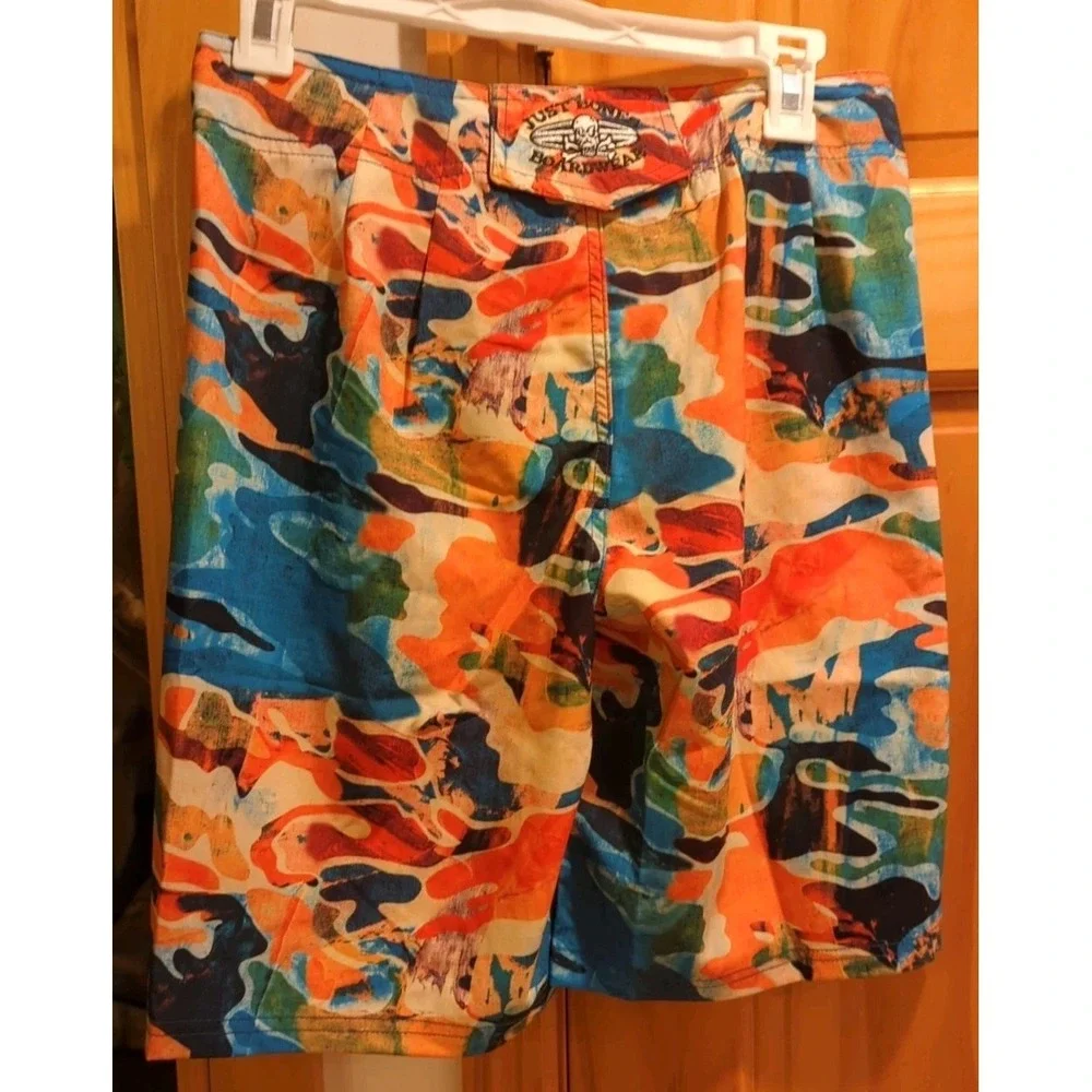 Just Bones Boardwear Mens/Boys Blue/Orange Camo print board shorts Size 27 waist